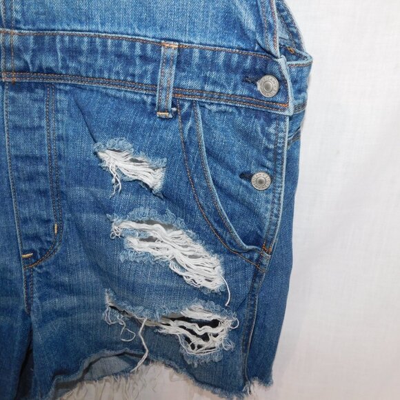 AE American Eagle Womens L Distressed Blue Jean Denim Short Overalls Medium Wash - Picture 5 of 12